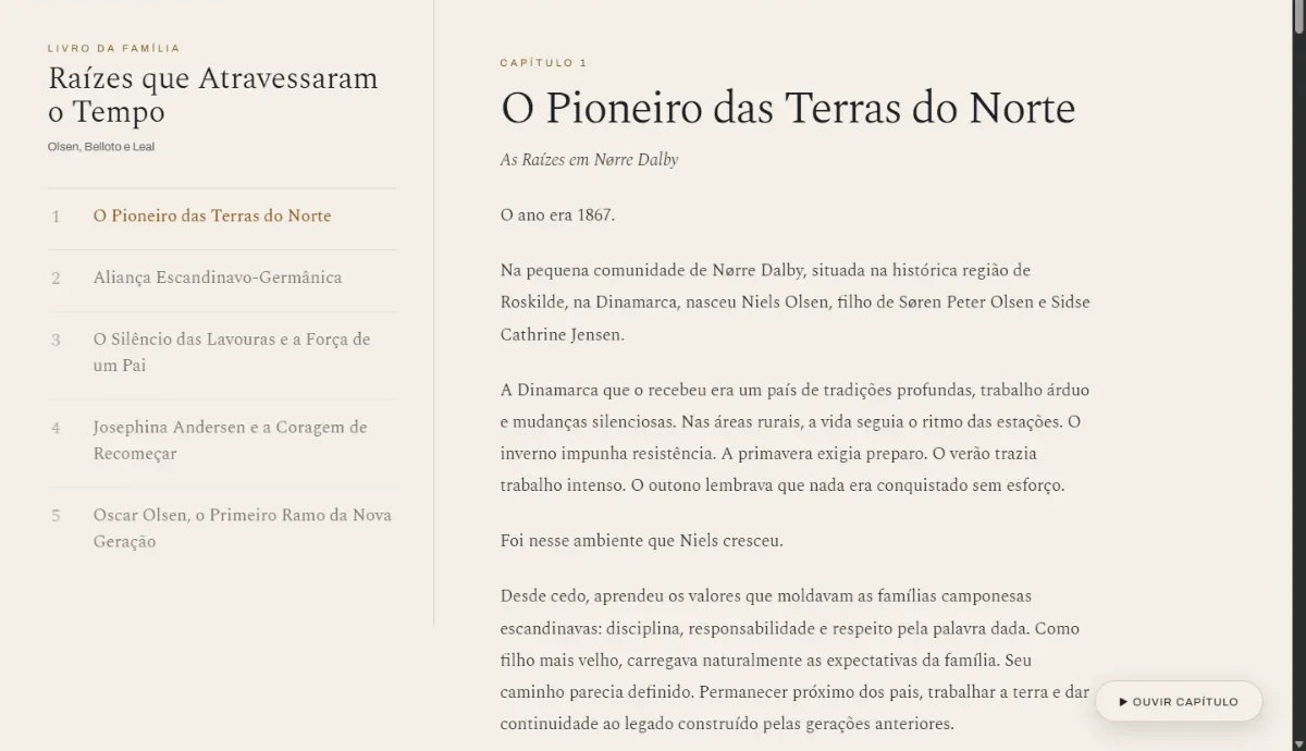 Tela do livro da família, com índice de capítulos e texto de leitura