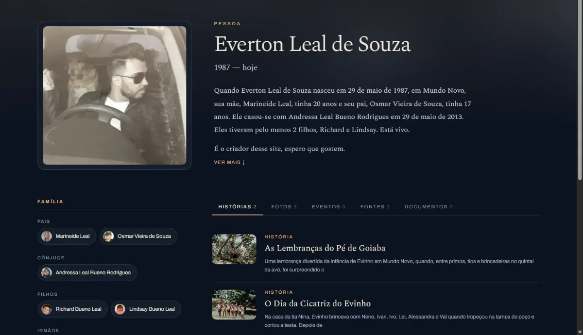 Perfil de uma pessoa, com biografia automática e abas de histórias, fotos, eventos e fontes