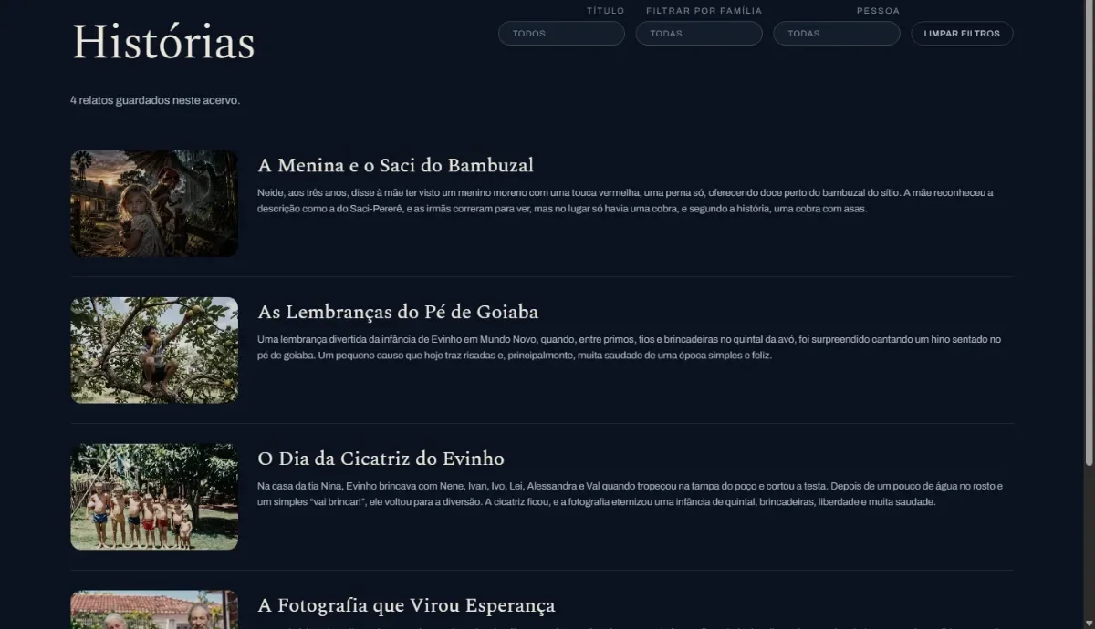 Lista de histórias da família, cada uma com foto e resumo