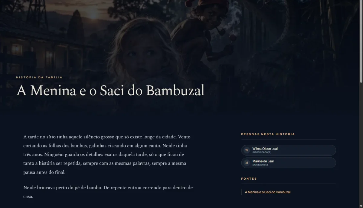 Página de uma história específica, com texto completo e pessoas envolvidas