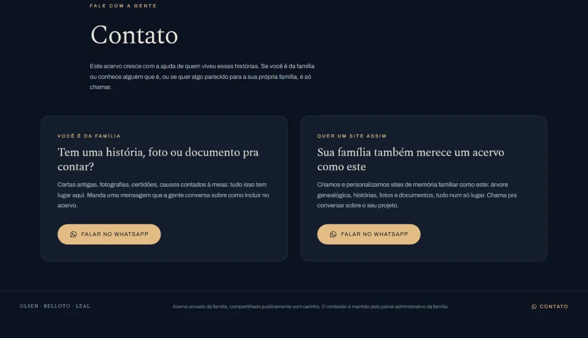 Página de contato, com opções para falar com a família ou pedir um site parecido